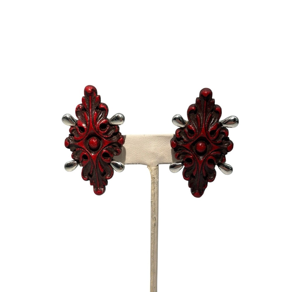 Vintage Signed Selini Silver Tone Ornate Floral Red carved look Clip On Earrings